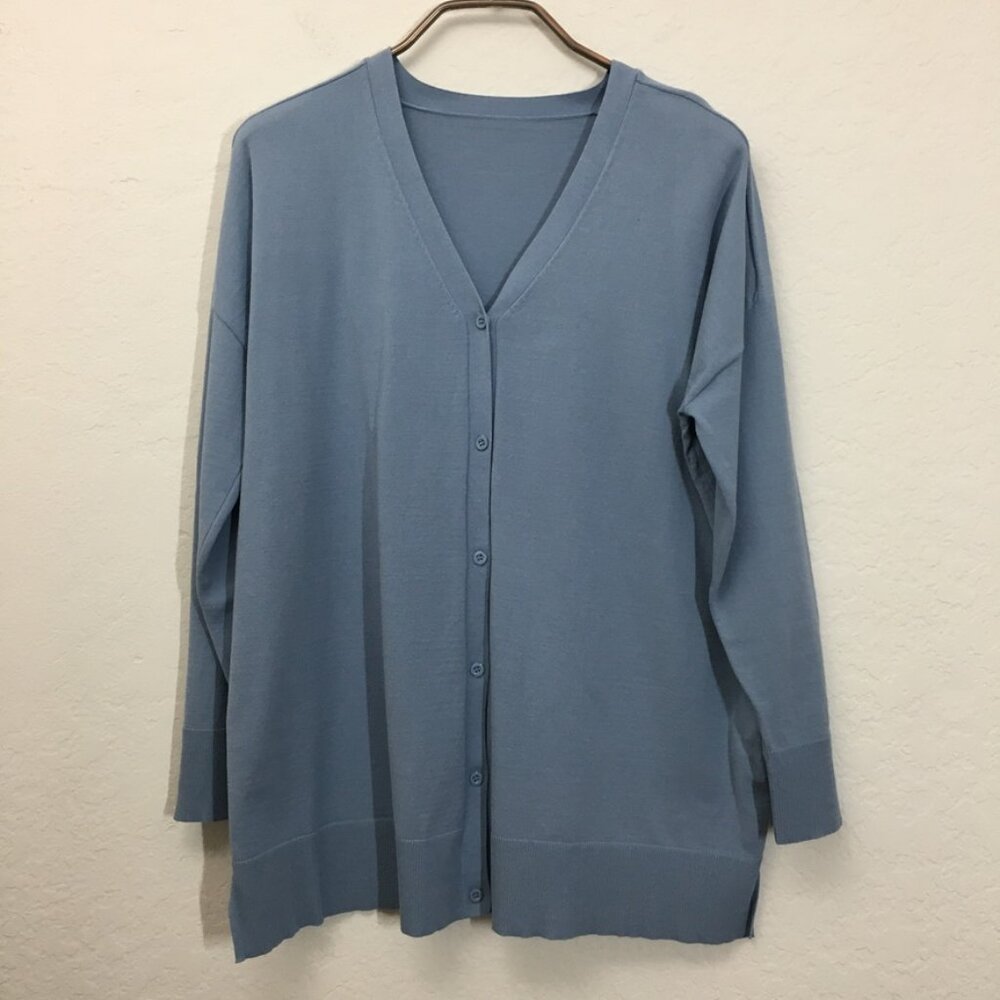 Korean Fashion Womens Cardigan V Neck Slit Sides Free Size Fits Medium Blue
